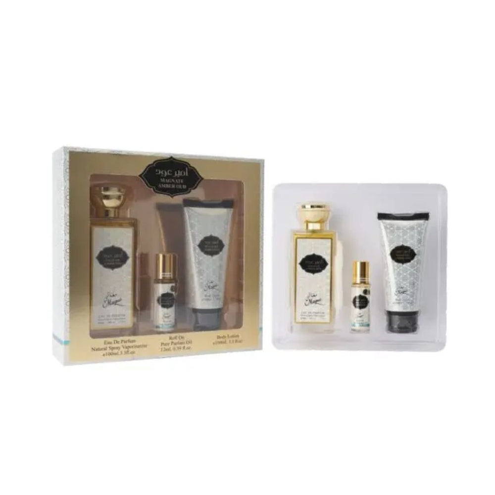 Magnate Amber OUD Eau De Parfum Unisex Perfume Spray, 100 ml + Pure Oil, 12 ml + Body Lotion Set