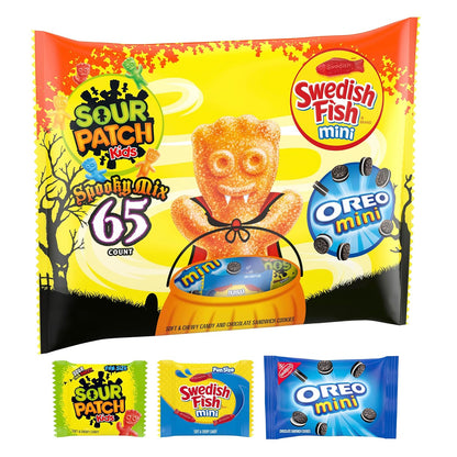 SOUR PATCH KIDS, OREO Mini Chocolate Sandwich Cookies & SWEDISH FISH Mini Halloween Candy Variety Pack, 65 Trick or Treat Bags