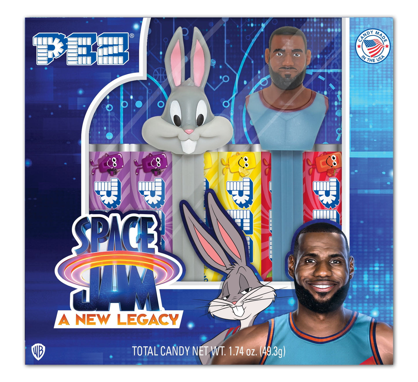 PEZ Candy Space Jam Twin Pack, 2 Candy Dispensers Plus 6 Rolls Assorted Fruit Candy, 1 Count, 1.74 oz