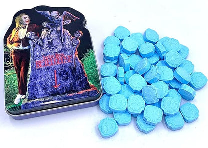 Halloween Afterlife Sours Candy Tin compatible with Beetlejuice Candy, Collectible Candy Tin Featuring Beetle juice with his Gravestone – Sour Blue Raspberry Flavor in the Shape of Spooky Skulls 1.5 Ounce Tin - 12 Count Display Box