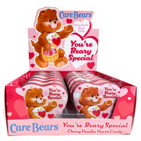 Valentines Day Care Bears Hard Candy Heart Shaped Tin Sweet Cherry Vanilla 1.2 Ounces Tin, 12 Count Display Box