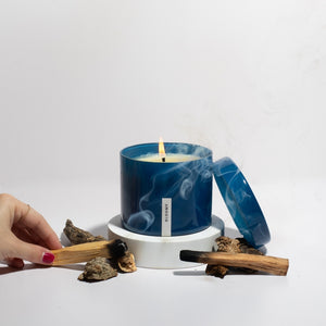 Vella & Co, Gloomy Palo Santo & Woods 16 Ounce Soy Candle, Blue Glass