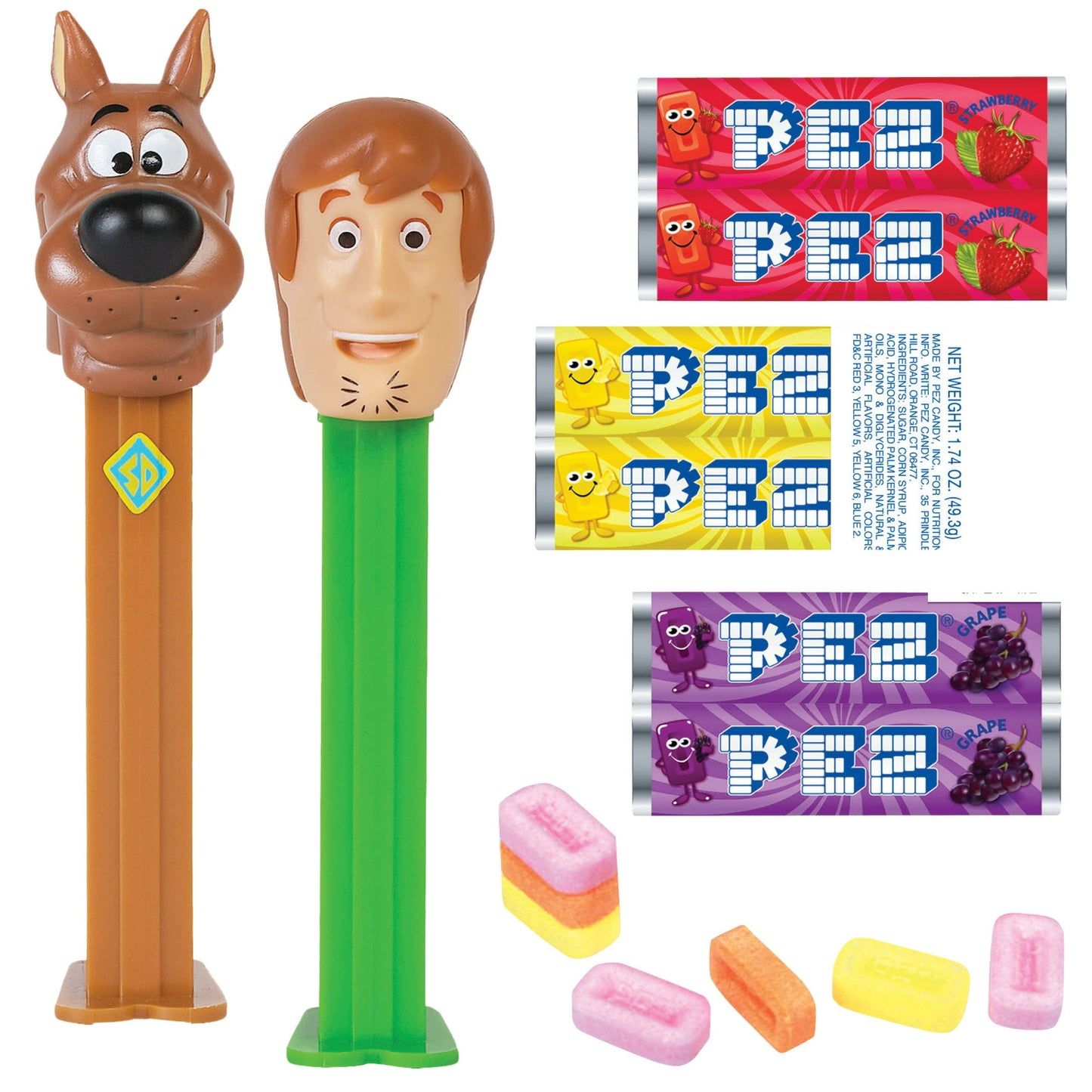 PEZ Candy Scooby Doo Twin Pack, 2 Candy Dispensers Plus 6 Rolls Assorted Fruit Candy, 1 Count, 1.74 oz