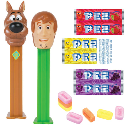 PEZ Candy Scooby Doo Twin Pack, 2 Candy Dispensers Plus 6 Rolls Assorted Fruit Candy, 1 Count, 1.74 oz