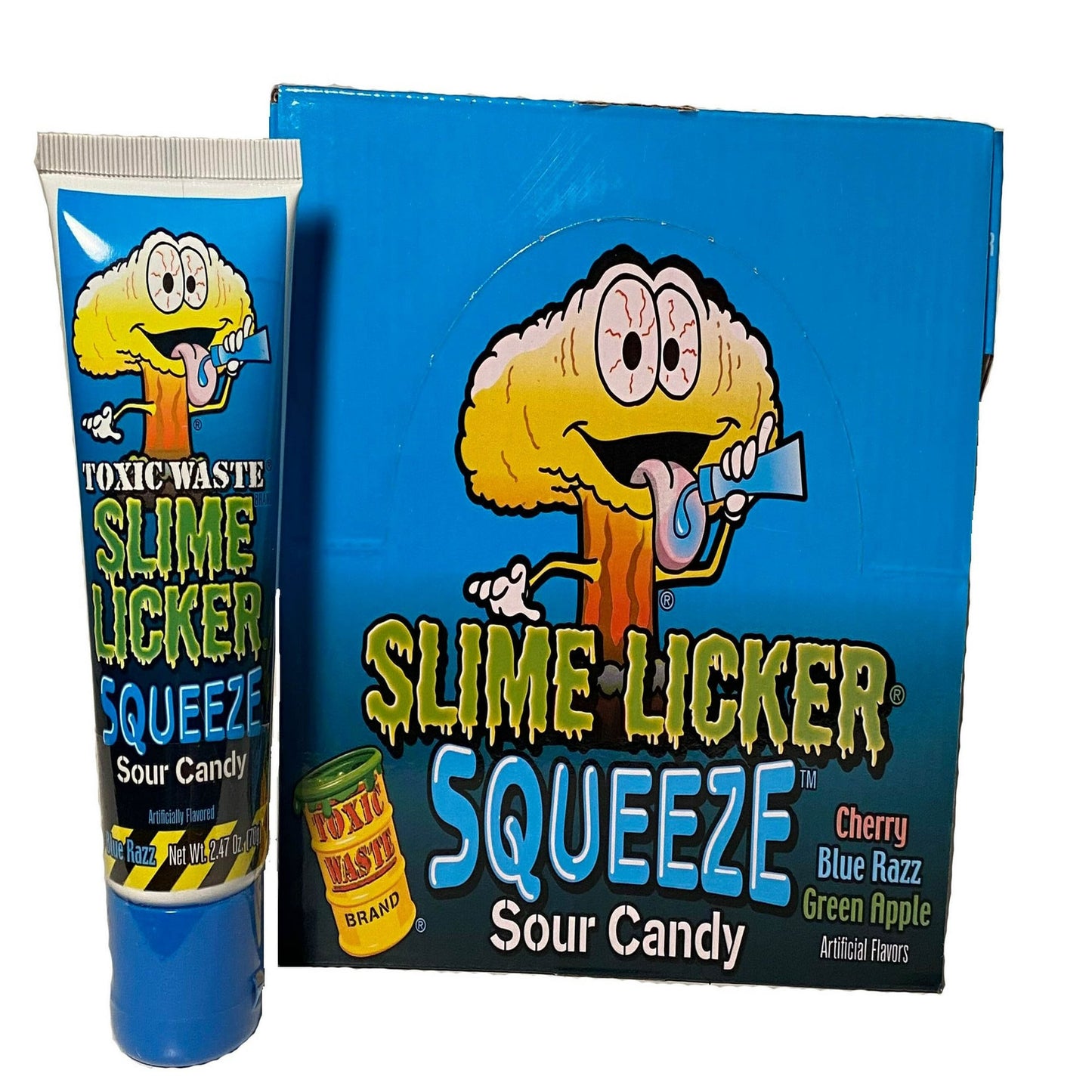 Toxic Waste Slime Licker Squeeze Sour Candy, with Blue Razz, Cherry, and Green Apple Flavors - 2.47 Ounce Tubes - 12 Count Display Box