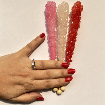 Valentine Assortment Rock Crystal Candy Stick, Clear, Pink, Red Individually Wrapped Middle Size Stick - 24 Count Display Box