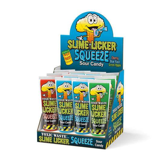 Toxic Waste Slime Licker Squeeze Sour Candy, with Blue Razz, Cherry, and Green Apple Flavors - 2.47 Ounce Tubes - 12 Count Display Box