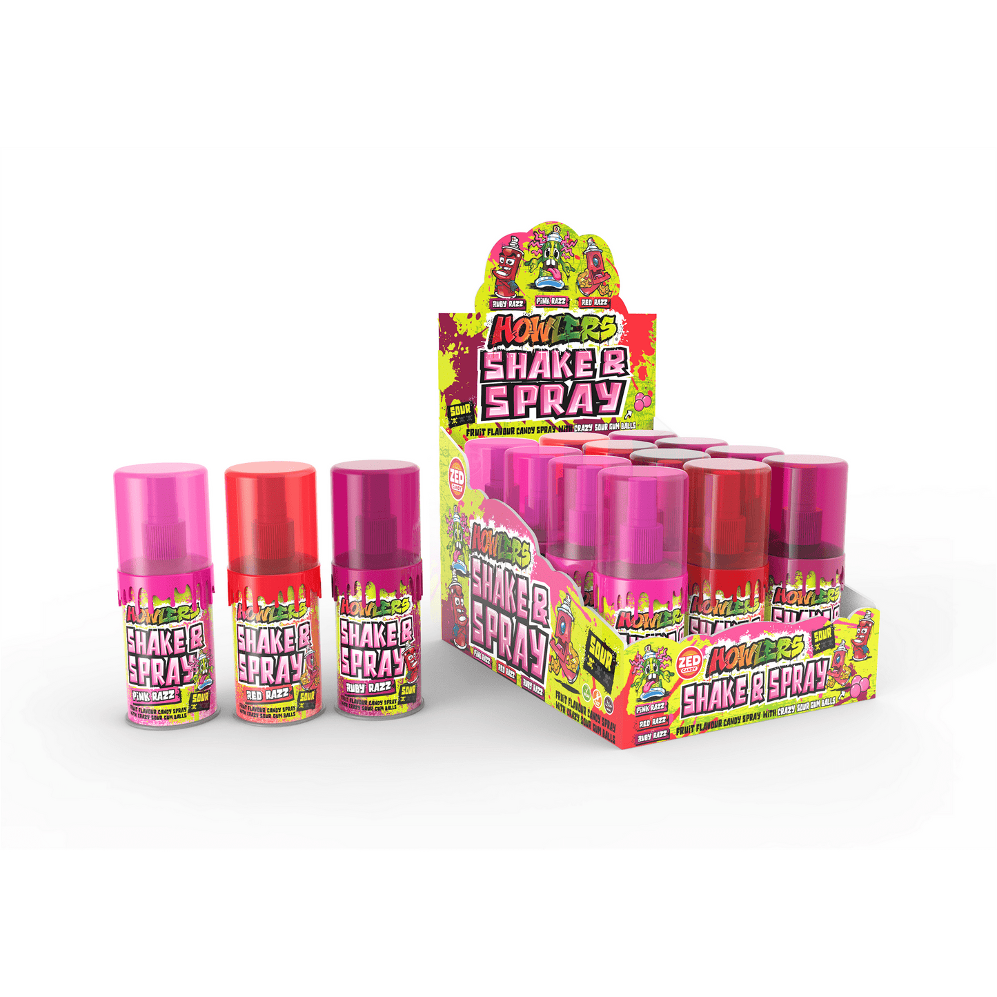 Alberts Howlers Shake and Spray, Sour Spray with Crazy Sour Gumballs 2.03 Ounce - 12 Count Display Box