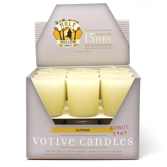 Mole Hollow Candles, Almond Scented Votive Candles, 18 Votives Box