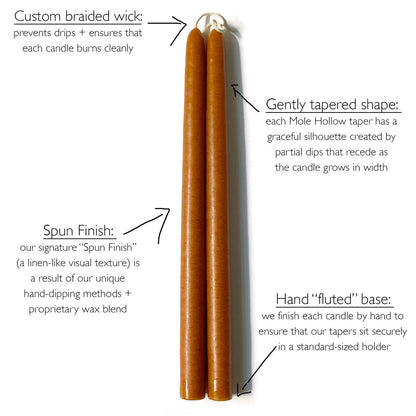 Mole Hollow Candles, 12" Unscented Taper Candle, Set of 12 - Choose from 39 Colors!