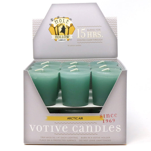 Mole Hollow Candles, Arctic Air Scented Votive Candles, 18 Votives Box