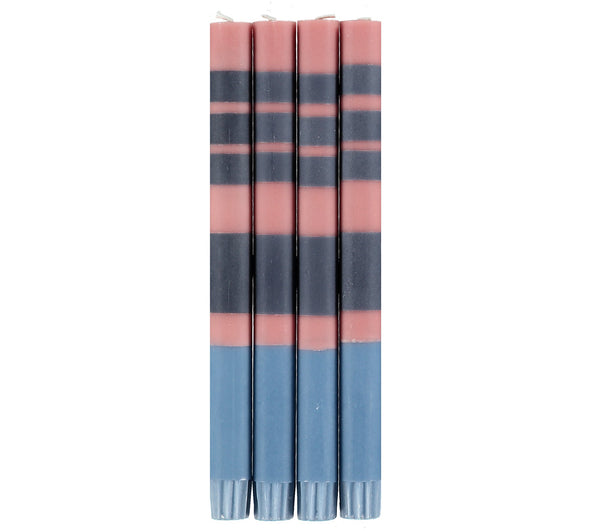 British Colour Standard Striped Old Rose, Indigo and Pompadour Eco Dinner Candles, Gift Box of 4