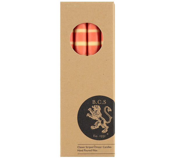 British Colour Standard Striped Jasmine, Rust and Petrol Blue Eco Dinner Candles, Gift Box of 4