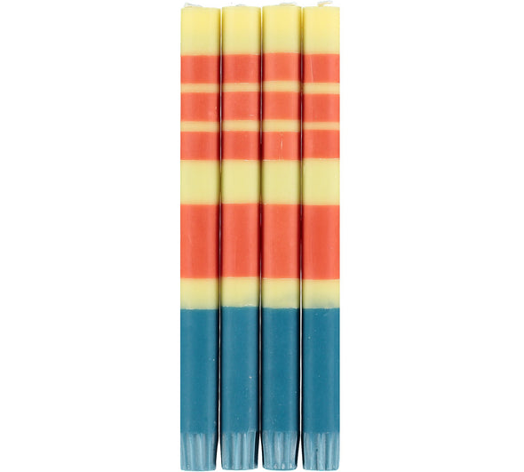 British Colour Standard Striped Jasmine, Rust and Petrol Blue Eco Dinner Candles, Gift Box of 4