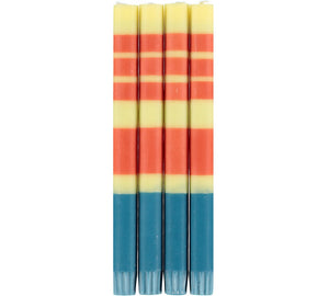 British Colour Standard Striped Jasmine, Rust and Petrol Blue Eco Dinner Candles, Gift Box of 4