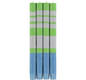 British Colour Standard Striped Nanking Blue, Grass Green & Willow Grey Eco Dinner Candles, Gift Box of 4