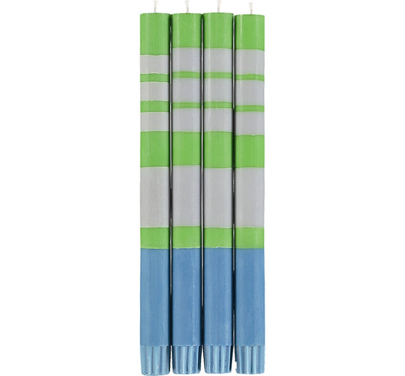 British Colour Standard Striped Nanking Blue, Grass Green & Willow Grey Eco Dinner Candles, Gift Box of 4