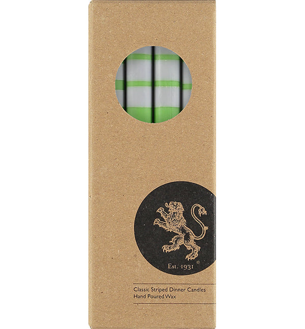 British Colour Standard Striped Nanking Blue, Grass Green & Willow Grey Eco Dinner Candles, Gift Box of 4