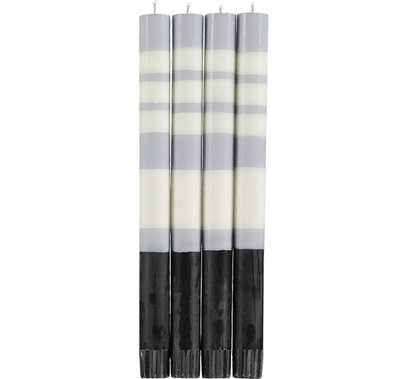 British Colour Standard Striped Jet Black, Pearl White & Dove Grey Eco Dinner Candles, Gift Box of 4