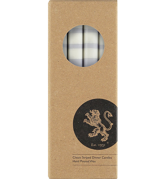 British Colour Standard Striped Jet Black, Pearl White & Dove Grey Eco Dinner Candles, Gift Box of 4