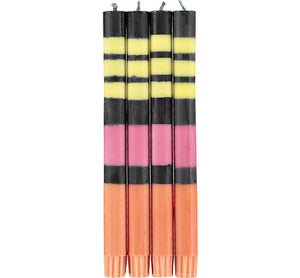 British Colour Standard Striped Jet Black, Orange Flame, Neyron & Sulphur Yellow Flame Eco Dinner Candles, Gift Box of 4