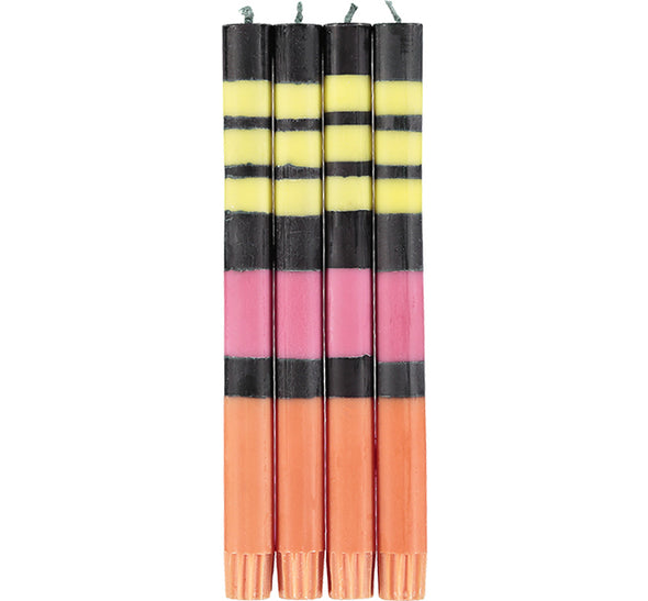 British Colour Standard Striped Jet Black, Orange Flame, Neyron & Sulphur Yellow Flame Eco Dinner Candles, Gift Box of 4