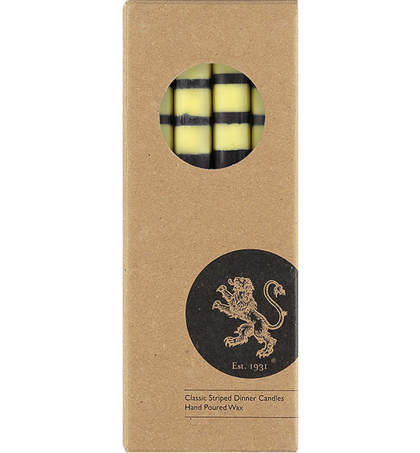 British Colour Standard Striped Jet Black, Orange Flame, Neyron & Sulphur Yellow Flame Eco Dinner Candles, Gift Box of 4