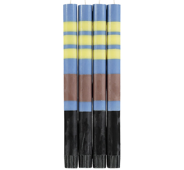 British Colour Standard Striped Rose Beige, Saxe Blue, Jet Black & Primrose Yellow Eco Dinner Candles, Gift Box of 4