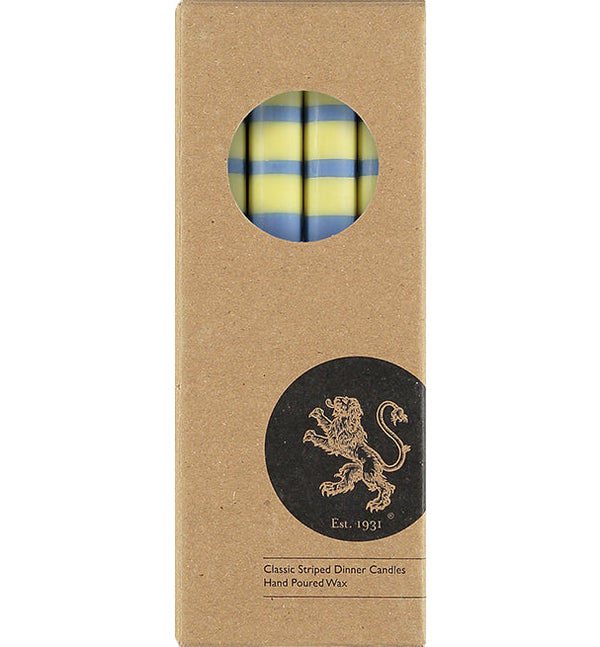 British Colour Standard Striped Rose Beige, Saxe Blue, Jet Black & Primrose Yellow Eco Dinner Candles, Gift Box of 4