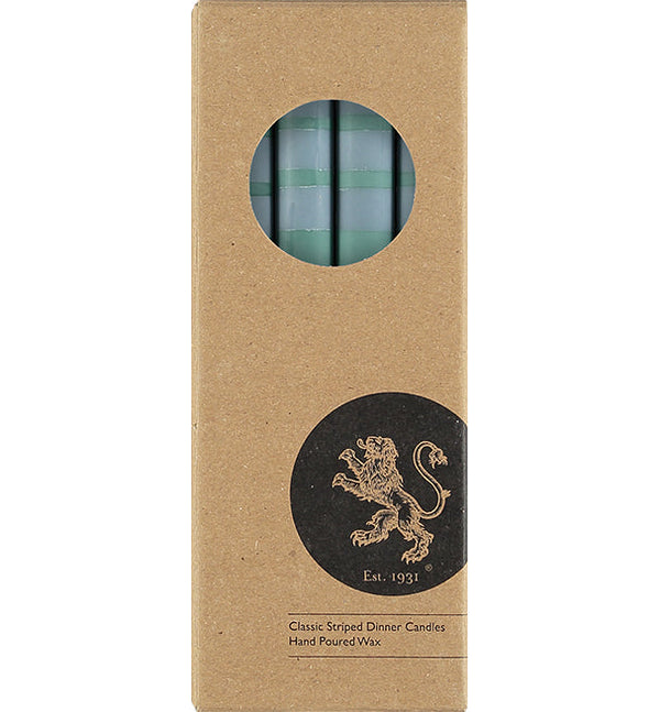 British Colour Standard Striped Beryl Green, Bokhara & Moonstone Eco Dinner Candles, Gift Box of 4
