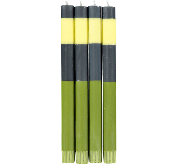 British Colour Standard ABSTRACT Striped Olive, Indigo & Jasmine Eco Dinner Candles, Gift Box of 4