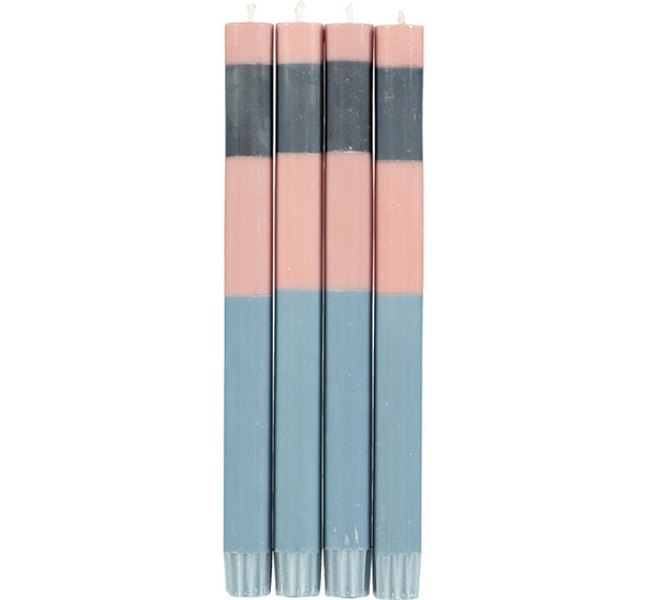British Colour Standard ABSTRACT Striped Old Rose, Pompadour & Indigo Eco Dinner Candles, Gift Box of 4