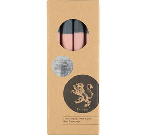 British Colour Standard ABSTRACT Striped Old Rose, Pompadour & Indigo Eco Dinner Candles, Gift Box of 4