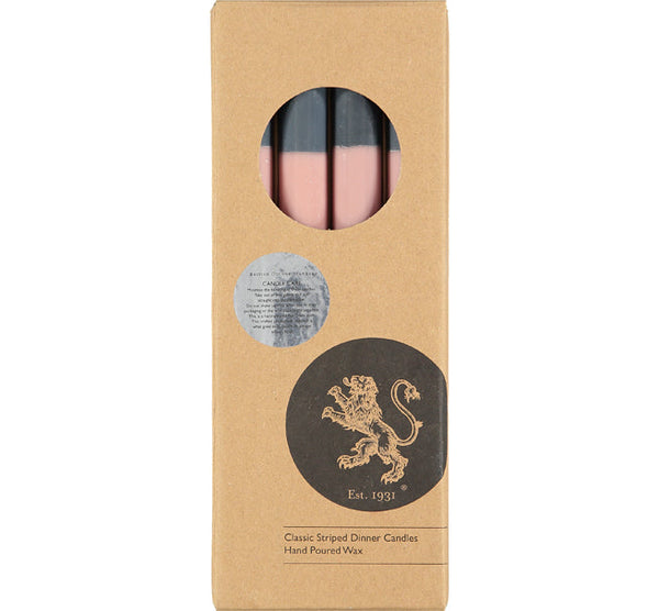 British Colour Standard ABSTRACT Striped Old Rose, Pompadour & Indigo Eco Dinner Candles, Gift Box of 4
