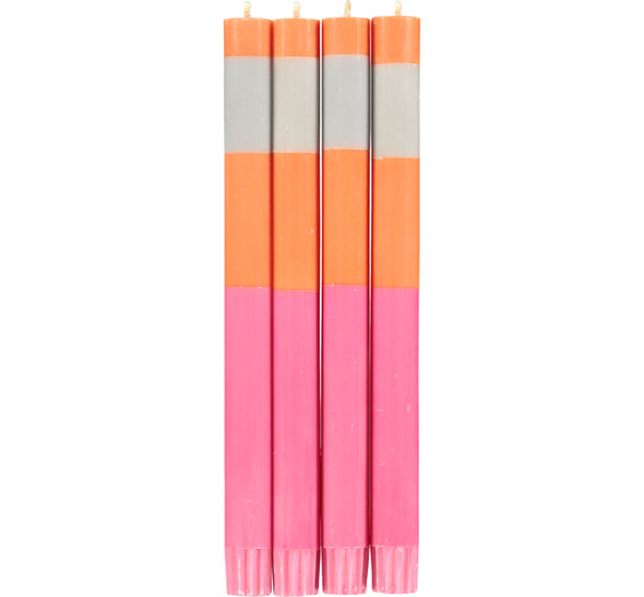 British Colour Standard ABSTRACT Striped Orange Flame, Willow and Neyron Eco Dinner Candles, Gift Box of 4