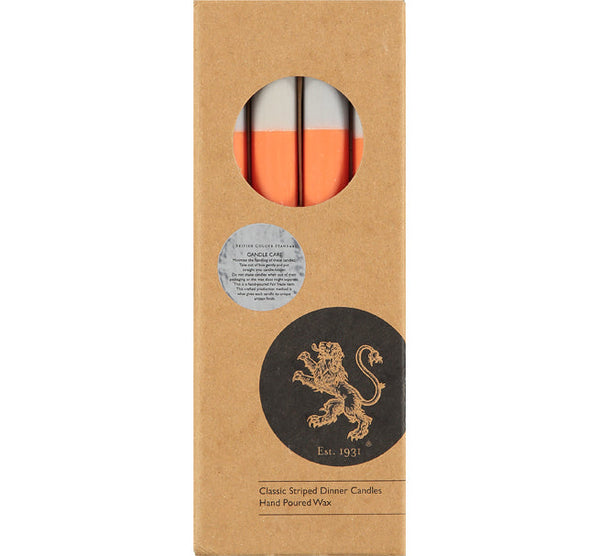British Colour Standard ABSTRACT Striped Orange Flame, Willow and Neyron Eco Dinner Candles, Gift Box of 4