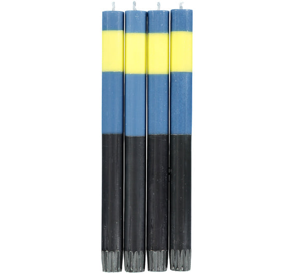 British Colour Standard ABSTRACT Striped Saxe, Primrose and Jet Eco Dinner Candles, Gift Box of 4
