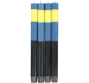 British Colour Standard ABSTRACT Striped Saxe, Primrose and Jet Eco Dinner Candles, Gift Box of 4