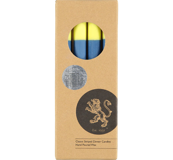 British Colour Standard ABSTRACT Striped Saxe, Primrose and Jet Eco Dinner Candles, Gift Box of 4