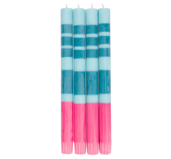 British Colour Standard Striped Neyron, Powder & Petrol Pack Eco Dinner Candles, Gift Box of 4