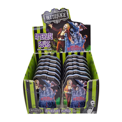 Halloween Afterlife Sours Candy Tin compatible with Beetlejuice Candy, Collectible Candy Tin Featuring Beetle juice with his Gravestone – Sour Blue Raspberry Flavor in the Shape of Spooky Skulls 1.5 Ounce Tin - 12 Count Display Box