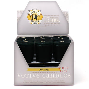 Mole Hollow Candles, Solid Black Unscented Votive Candles, 18 Votives Box
