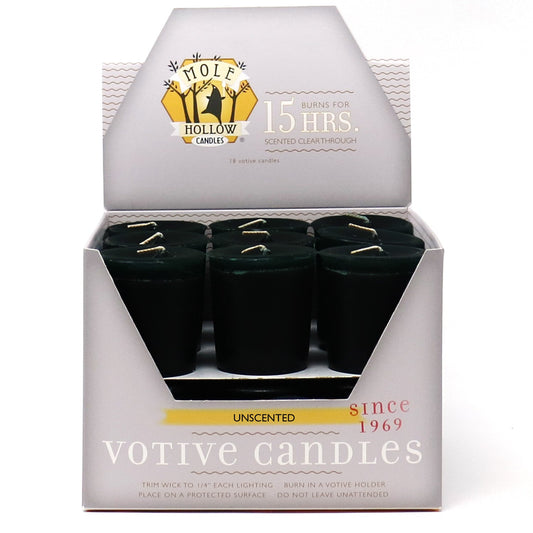 Mole Hollow Candles, Solid Black Unscented Votive Candles, 18 Votives Box