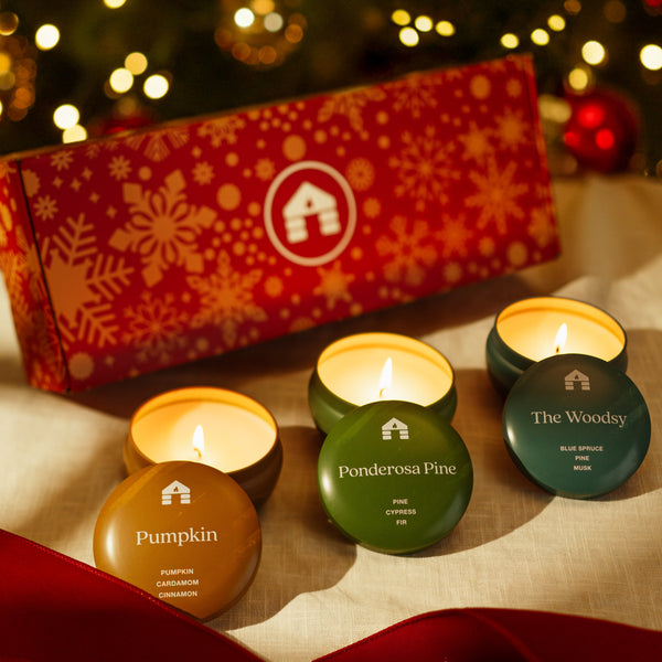 Scented Candle Gift Set - Three 8oz Aromática Coconut Wax Candle Tins - Pumpkin, Pine & Woodsy
