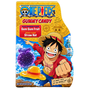 One Piece Gummy Candy Black Raspberry Gum Gum Fruit & Orange Straw Hat Flavors 8 oz