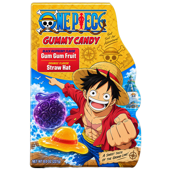 One Piece Gummy Candy Black Raspberry Gum Gum Fruit & Orange Straw Hat Flavors 8 oz