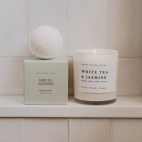 White Tea and Jasmine Soy Candle - White Jar - 11 oz