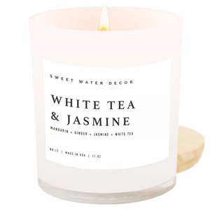 White Tea and Jasmine Soy Candle - White Jar - 11 oz