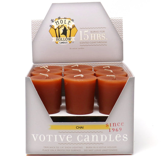 Mole Hollow Candles, Chai Scented Votive Candles, 18 Votives Box