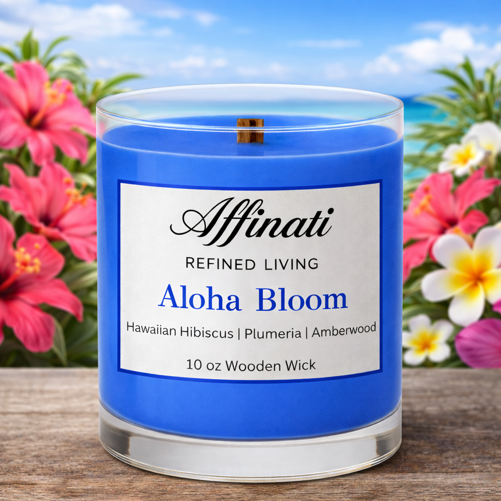 Aloha Bloom Wooden Wick Candle – Luxury 10 oz Soy Blend | Affinati